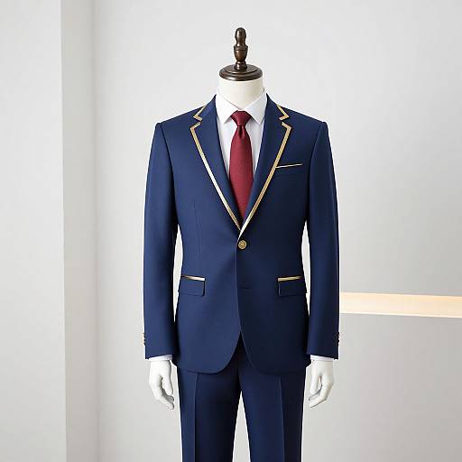 Photograph of a blue suit with gold trim, red tie, and white shirt on a headless mannequin in a brightly lit, white-w