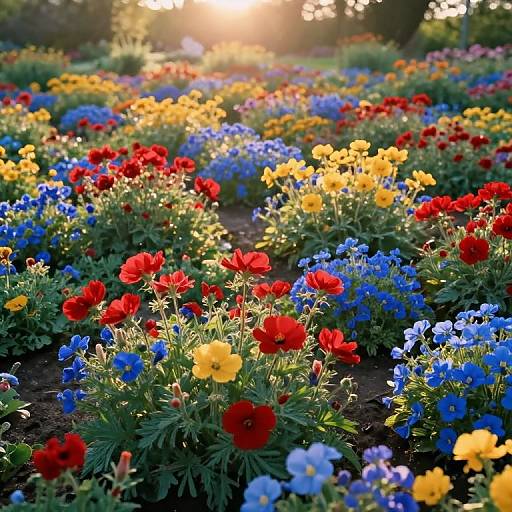 Photograph of vibrant sunlit garden with rows of red, yellow, blue, and purple flowers, creating a colorful, textured, and lush landscape.
