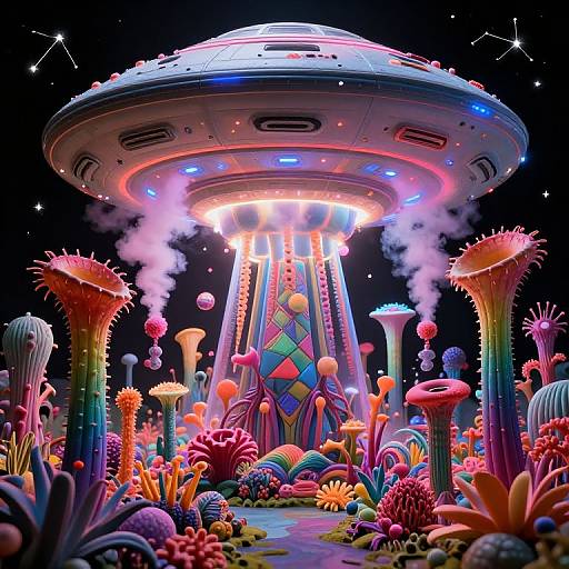 Vibrant, surreal CGI scene of a colorful, glowing UFO hovering over a psychedelic alien forest with neon mushrooms, spiky plants, and a rainbow