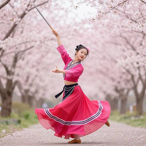 Photograph of an Asian woman in a vibrant pink traditional Korean dress, dancing with a stick in a cherry blossom-lined path.
