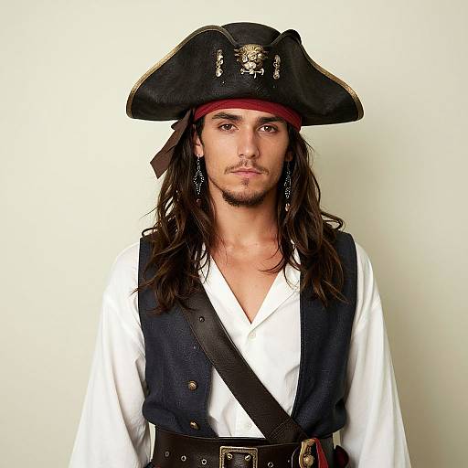 Photograph of a young man with long brown hair, wearing a black pirate hat with a red band, white shirt, black vest, and black belt