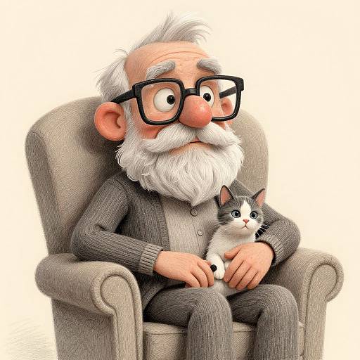 Digital cartoon of an elderly man with a white beard, black glasses, gray suit, and large nose, sitting in a beige armchair, holding a