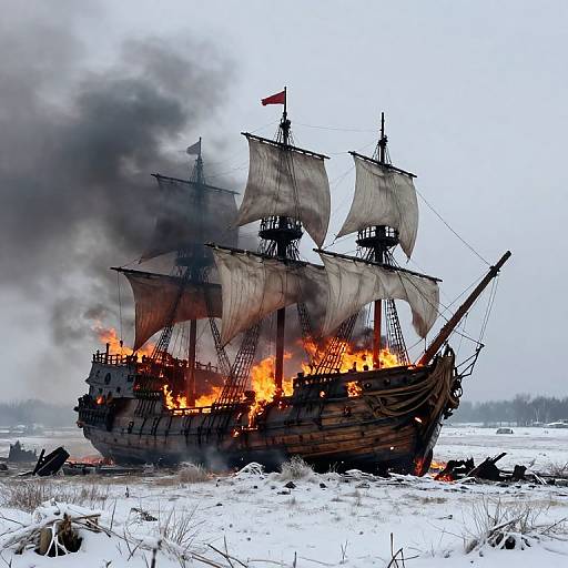 Photograph of a burning wooden pirate ship with billowing black smoke, surrounded by snow-covered ground and icy water, with flames illuminating the dark,