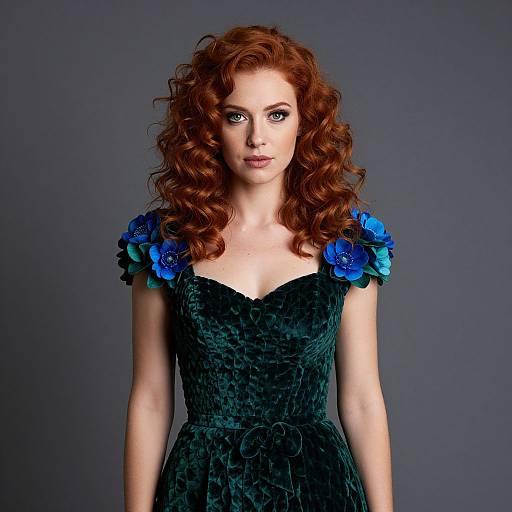 Photograph of a fair-skinned woman with curly red hair, wearing a dark green velvet dress adorned with blue rose-like embellishments on the shoulders,