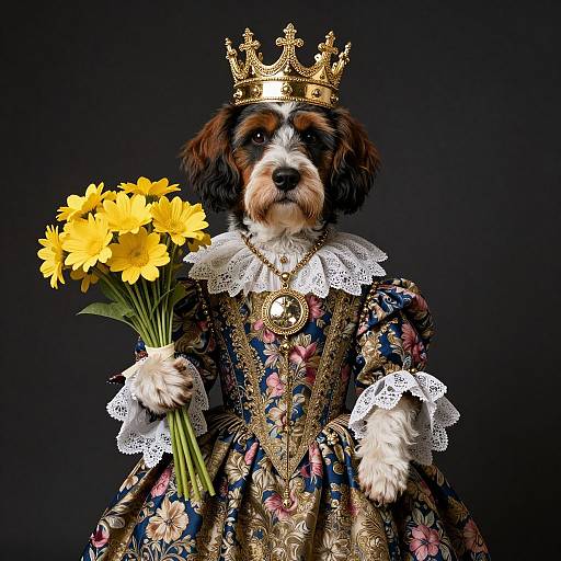 Photograph of a small, brown and white dog wearing a gold crown, lace collar, and ornate floral dress, holding a bouquet of yellow d