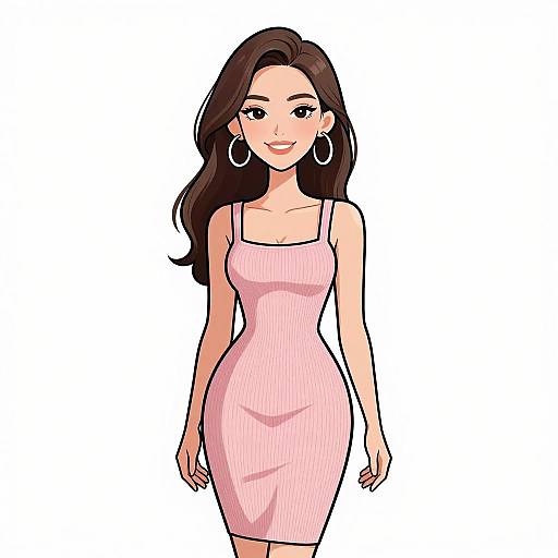 Digital illustration of a smiling woman with long brown hair, wearing a pink, ribbed, form-fitting dress, and large hoop earrings, standing against