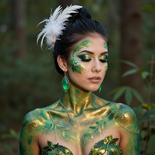 Photograph of a woman with olive skin, dark hair, and green-gold leaf body paint, wearing green feather earrings and a white feather headpiece