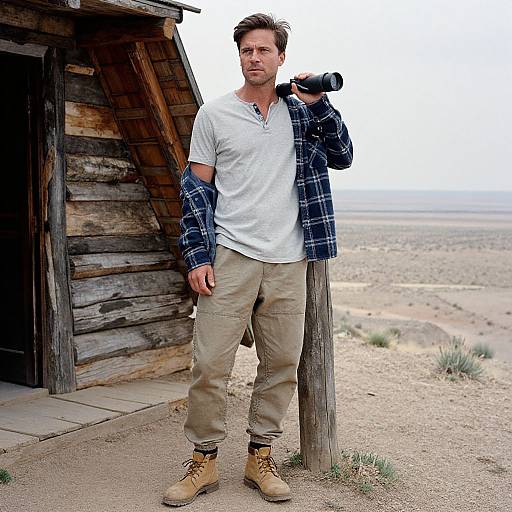 Photograph of a casual, handsome man with short brown hair, white polo, beige pants, and tan boots, standing in front of a rustic wooden