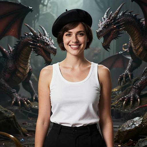 Photograph of a smiling young woman with short brown hair, wearing a black beret, white tank top, and black pants, standing in front of