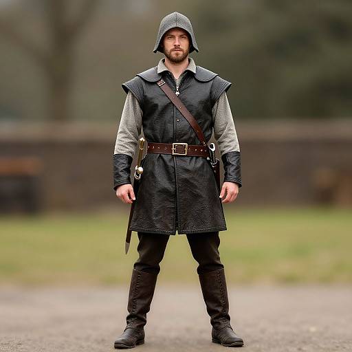 Photograph of a bearded man in medieval attire: gray hood, black sleeveless vest, gray shirt, brown belt, black pants, boots,
