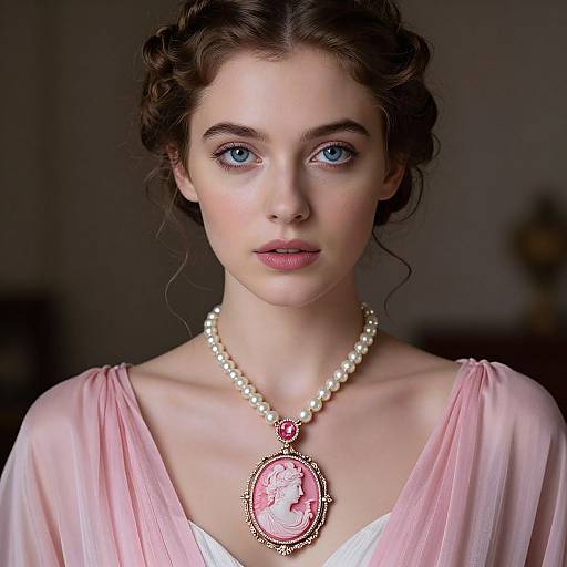Photograph of a fair-skinned woman with blue eyes, brown curly hair, wearing a pink gown and pearl necklace with a pink oval pendant featuring a