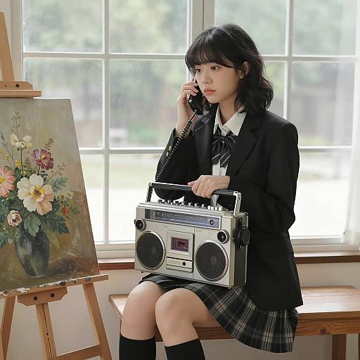 Stylish Asian Woman with Boombox Photograph