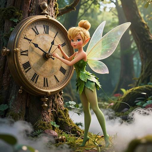Tinker Bell Adjusting Giant Clock in Forest