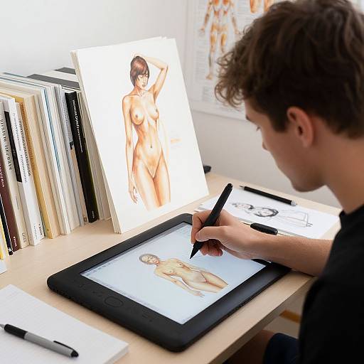 Artist sketching nude woman on tablet, surrounded by art books and nude sketches, in well-lit studio. Modern, realistic style.