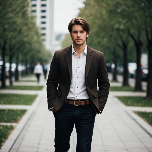 Confident Young Man in Business Casual Walks Outdoors