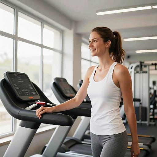 Photograph of a smiling woman with brown hair in a ponytail, wearing a white tank top and gray workout pants, running on a treadmill in a