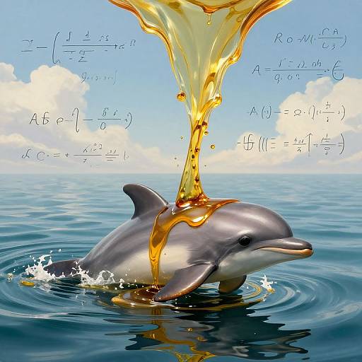 Photograph of a dolphin in ocean water, with mathematical equations written in the sky, as amber liquid pours over its head.