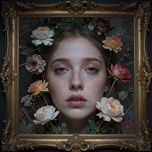 Photorealistic painting of a young woman with fair skin, blue eyes, and wet face, surrounded by colorful flowers in an ornate gold frame.