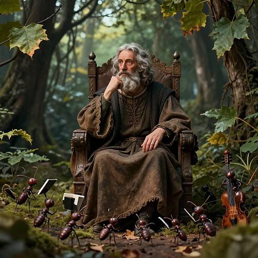 Photograph-style digital art: elderly wizard with white beard, dark brown robe, ornate wooden throne, forest setting, surrounded by mushrooms, grapes,