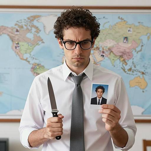 Man Holding Knife and Photo with Intense Expression