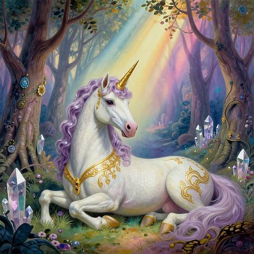 Digital fantasy artwork of a white unicorn with purple mane and golden ornaments, lying in a magical forest with glowing crystals and sunlight filtering through trees.