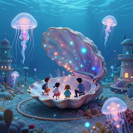 Digital illustration of four children inside a glowing, bioluminescent seashell, surrounded by jellyfish and underwater buildings, with vibrant blue and purple