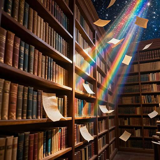 Enchanted Ancient Library with Rainbow Light