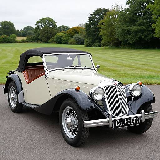 Photograph of a classic white and black vintage convertible car with chrome accents and wire-spoke wheels, parked on a grassy roadside.