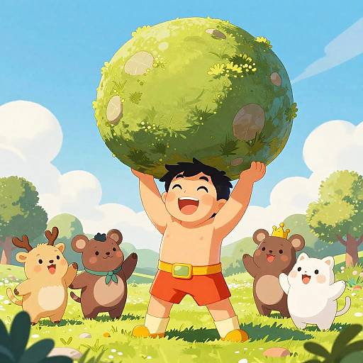 Cartoon boy, shirtless with red shorts, holds large green ball, surrounded by cheerful animals in bright, sunny meadow. Digital art.