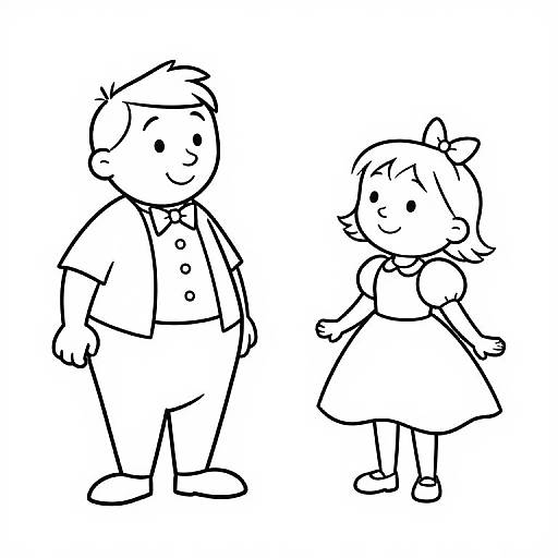 Black and white cartoon drawing of a smiling boy in a button-up shirt and pants, standing next to a smiling girl in a dress and bow. Simple
