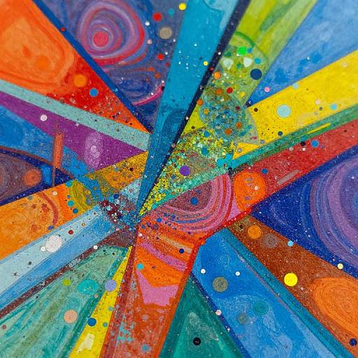 Abstract digital painting featuring vibrant, multicolored radial stripes with circular patterns, dots, and splatters in red, orange, blue, yellow, and