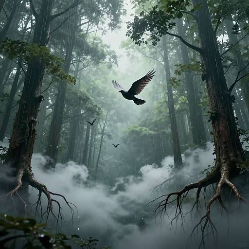 Digital fantasy artwork of a dense, misty forest with tall, moss-covered trees, exposed roots, and three black birds in flight.