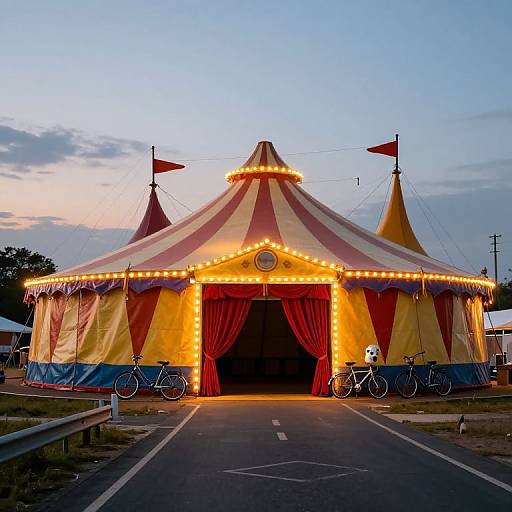 Photograph of a brightly lit, striped circus tent with red and yellow panels, illuminated by string lights, flanked by two smaller tents, bicycles in