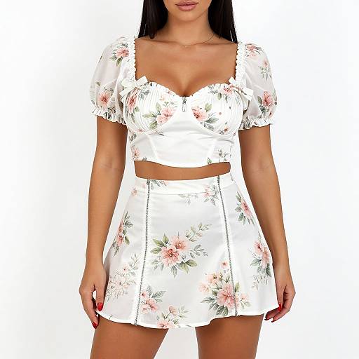 Photograph of a woman with long black hair wearing a white floral crop top and matching floral skirt, showcasing a low neckline and midriff, set
