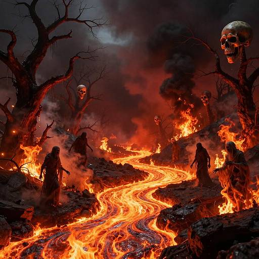 Digital art of a hellish landscape with glowing, fiery rivers, dark silhouetted ghostly figures, and eerie, skull-faced trees under a