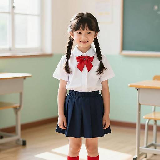 Photograph of a smiling young Asian girl with black pigtails, wearing a white blouse, red bow, navy skirt, and red knee socks,