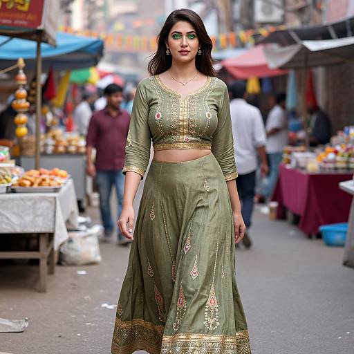 Photograph of a confident Indian woman in a green embroidered salwar kameez with gold trim, walking through a bustling outdoor market with colorful stalls and