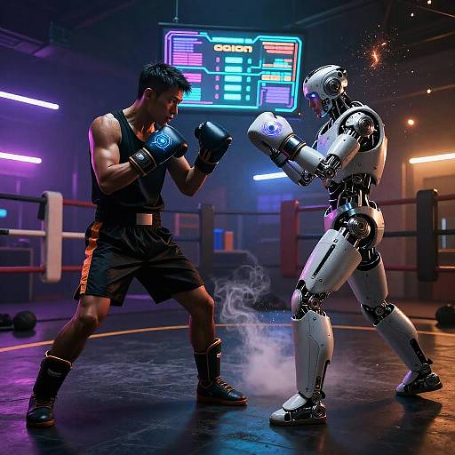 Cyberpunk Boxer Sparring with Robot Opponent