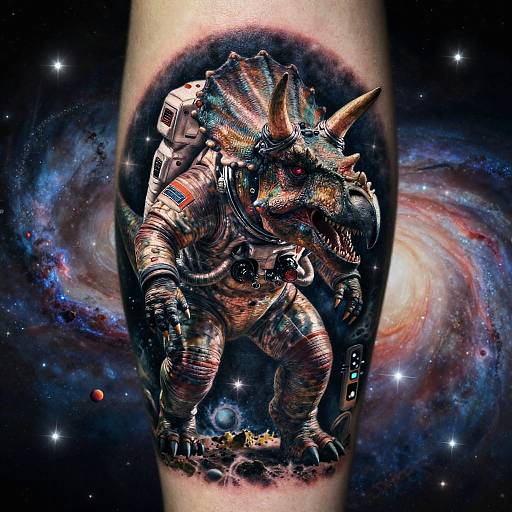 Digital illustration of a rhinoceros in a space suit standing on a space station, surrounded by a vibrant, swirling galaxy.