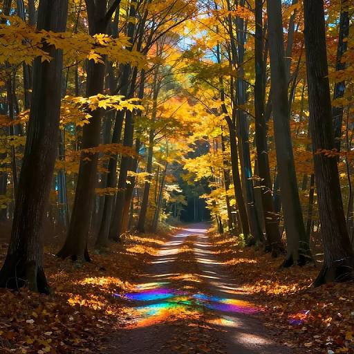 Photograph of a sunlit forest path lined with tall trees, vibrant yellow-orange leaves, and a colorful rainbow reflection on the ground.