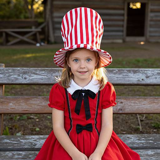 Photograph of a young girl with blue eyes, wearing a red dress, black bow, and striped top hat, sitting on a wooden bench in front