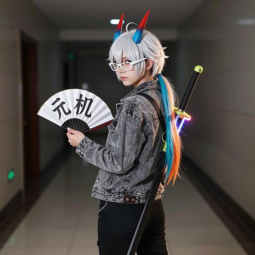 Cosplayer with White Hair and Colored Horns in Hallway
