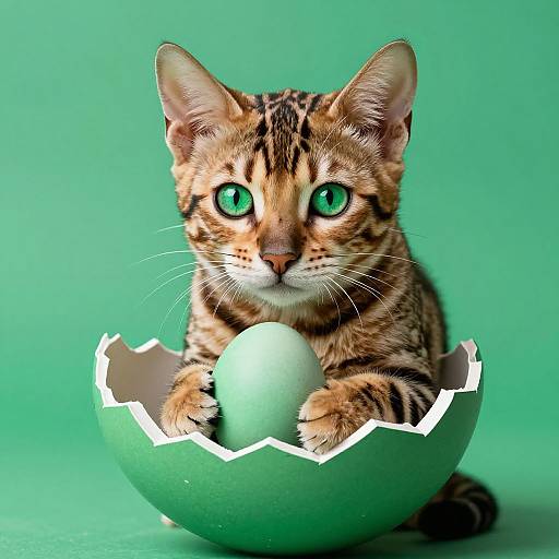 Photograph of a cute, green-eyed tabby kitten with black stripes, sitting inside a cracked green eggshell, against a solid green background.