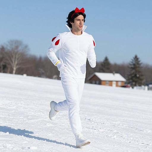 Photograph of a man running in a snowy field, wearing a white costume with red accents and a red bow on his head, against a clear blue