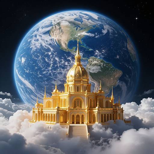 Photorealistic CGI of a golden, dome-topped palace floating on clouds with a vividly detailed Earth in the starry sky background.