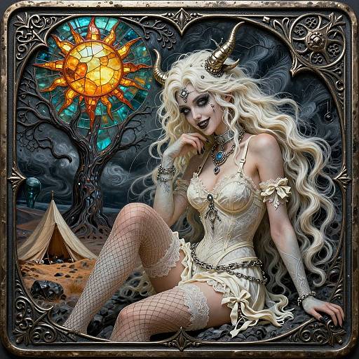 Digital fantasy art: Seductive white-haired demoness with horns, lace corset, fishnet stockings, sitting by a glowing sun-stained tree,