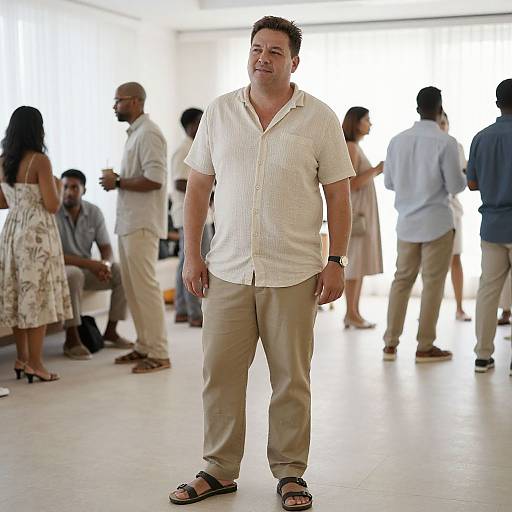 Photograph of a smiling, overweight man in a white, short-sleeve, button-up shirt and beige pants, standing in a bright, white
