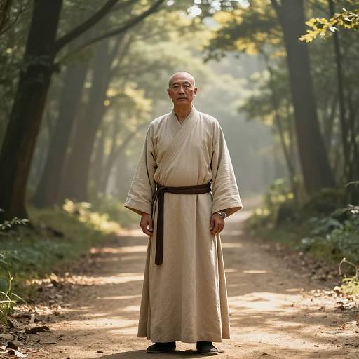 Serene Man on Misty Forest Path