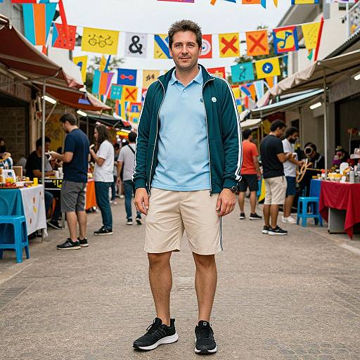 Photograph of a bearded man in a light blue polo, beige shorts, and green jacket, standing in a colorful, busy outdoor market with flags