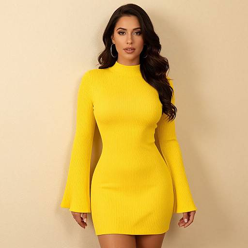Photograph of a curvy woman with long, wavy black hair wearing a tight, long-sleeved, bright yellow ribbed dress against a